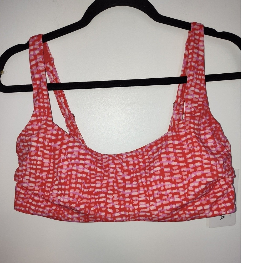 Athleta Square Neck Bra Cup Bikini Top Red Pink Abstract Print 40D/DD NWT